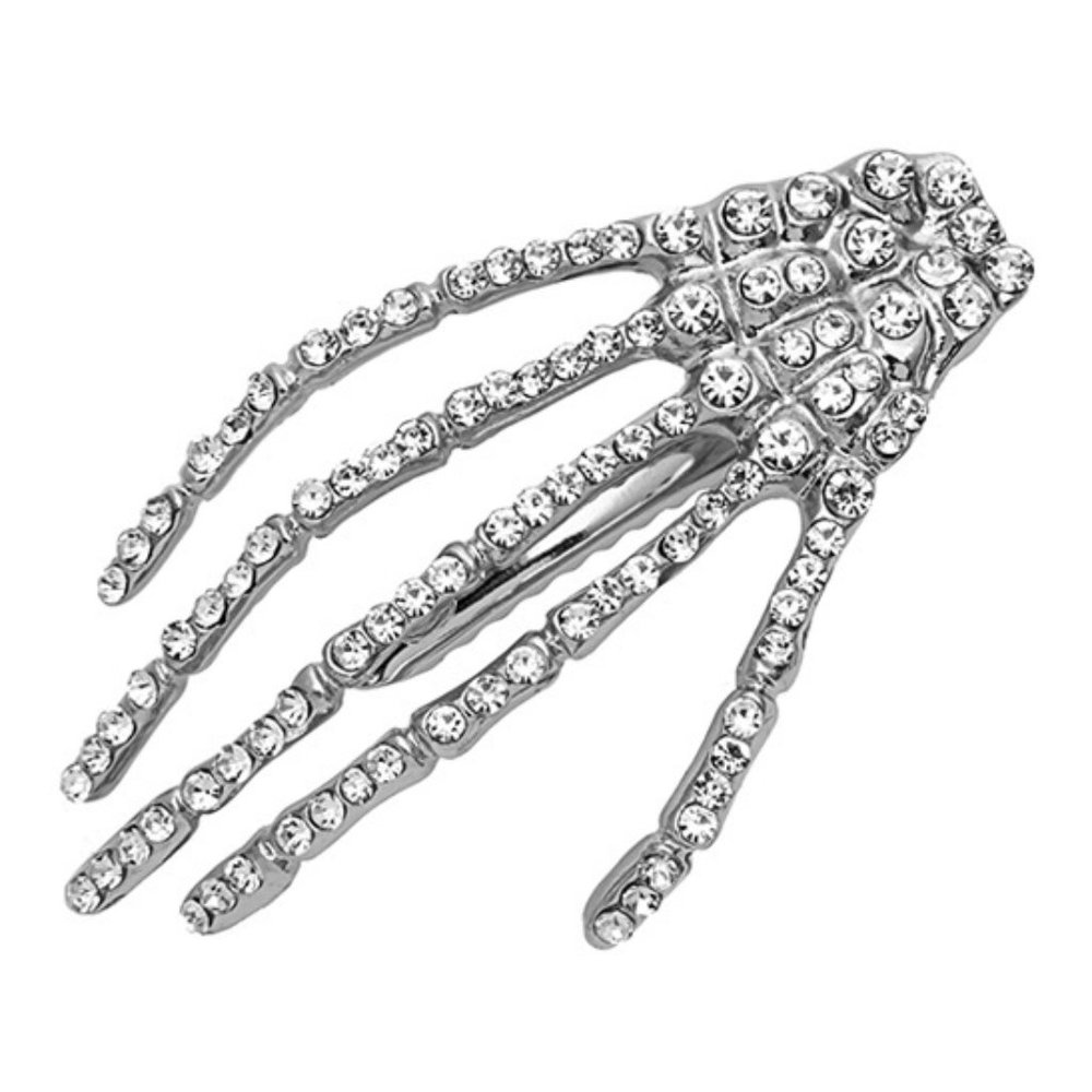 Silvertone Metal & Pave Crystal Skeleton Hand Hair Clip (New)